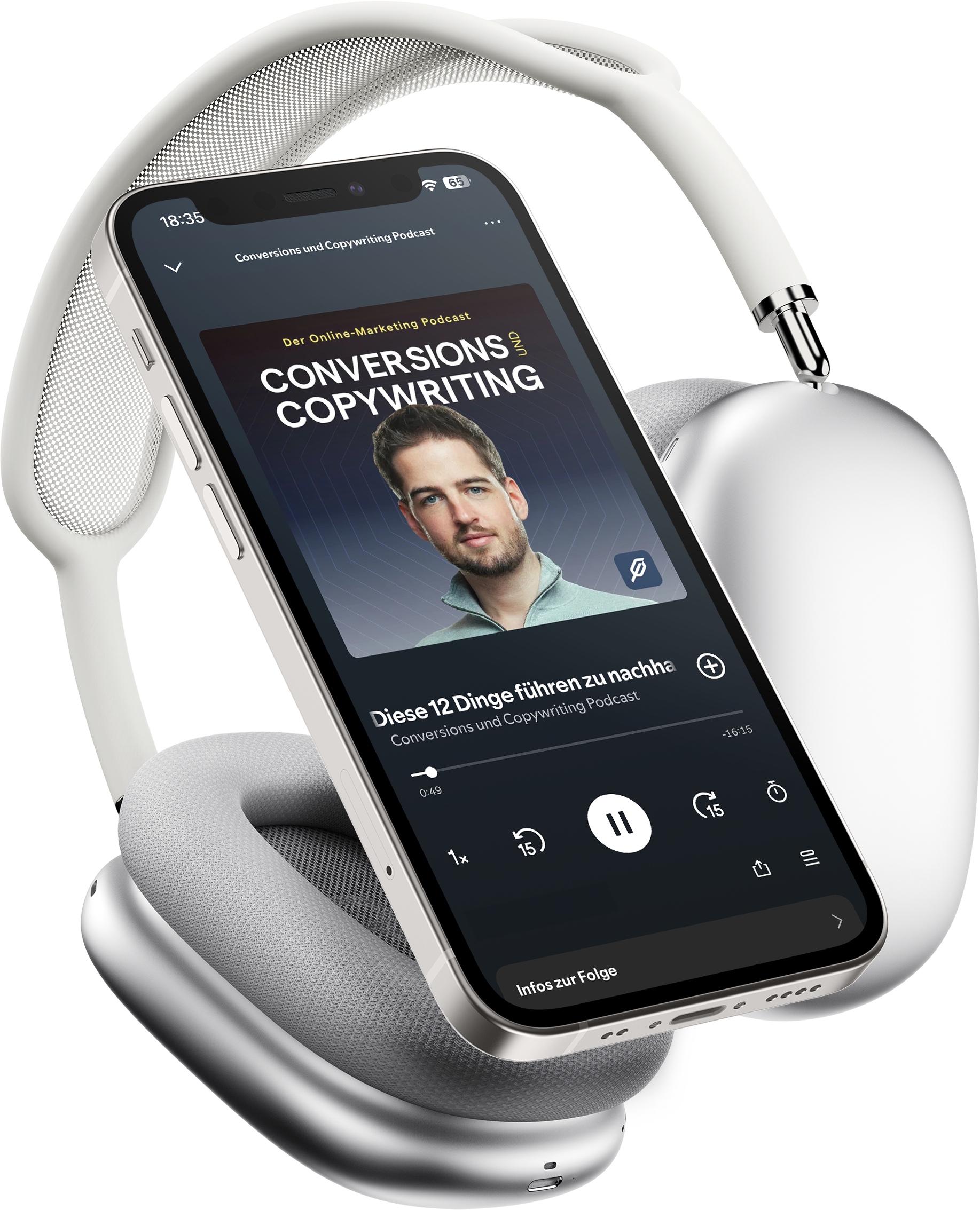 iPhone with AirPods Max showing the Conversions & Copywriting podcast